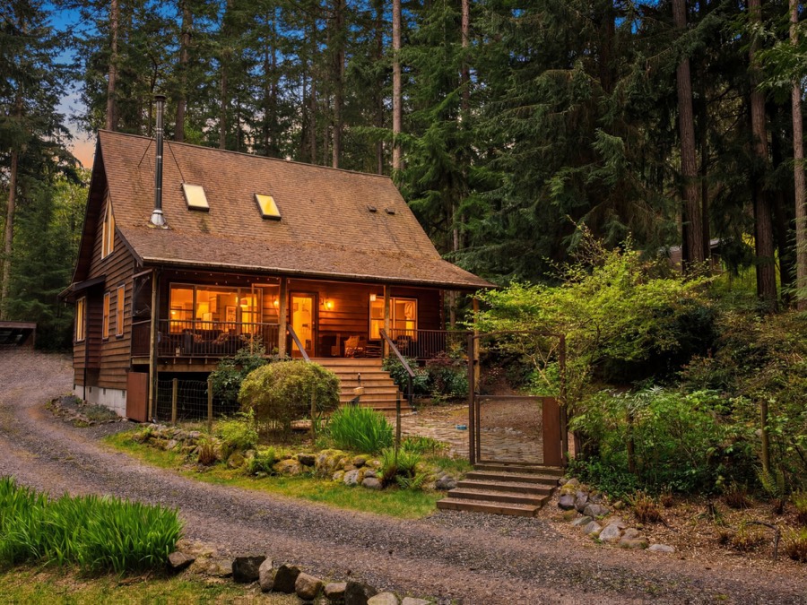Cabin at dusk in the woods